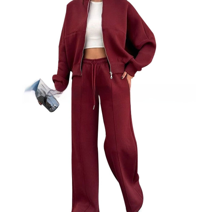 Woman in a zip jacket and wide-leg trousers set