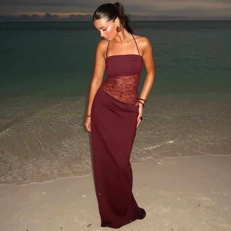 Woman in a lace maxi slip dress