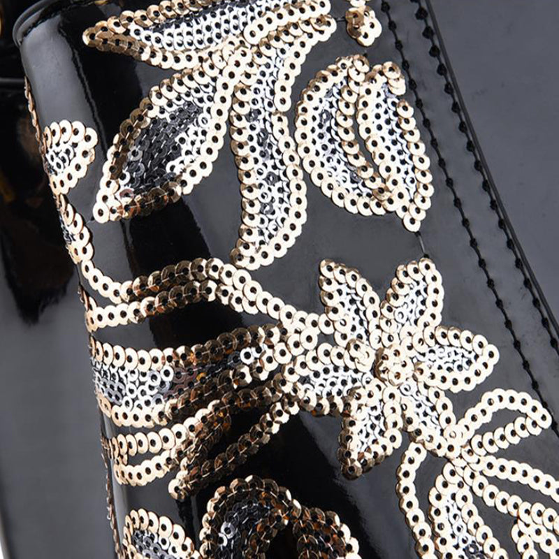 Sequin embroidered patent evening handbag