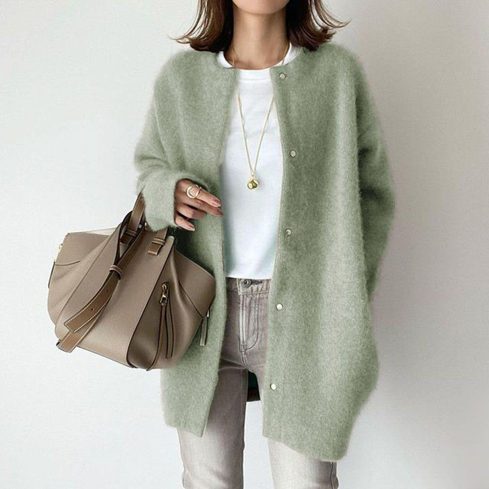 Woman in long fuzzy knit cardigan
