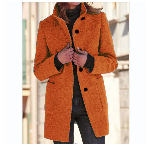 Woman wearing stand collar wool-look coat