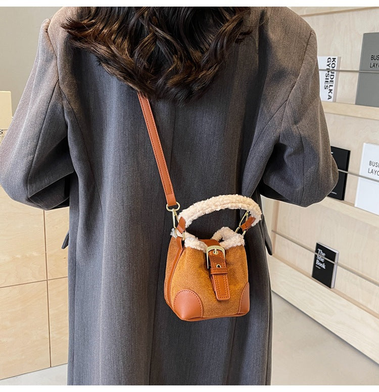 Small plush-trim crossbody bucket bag