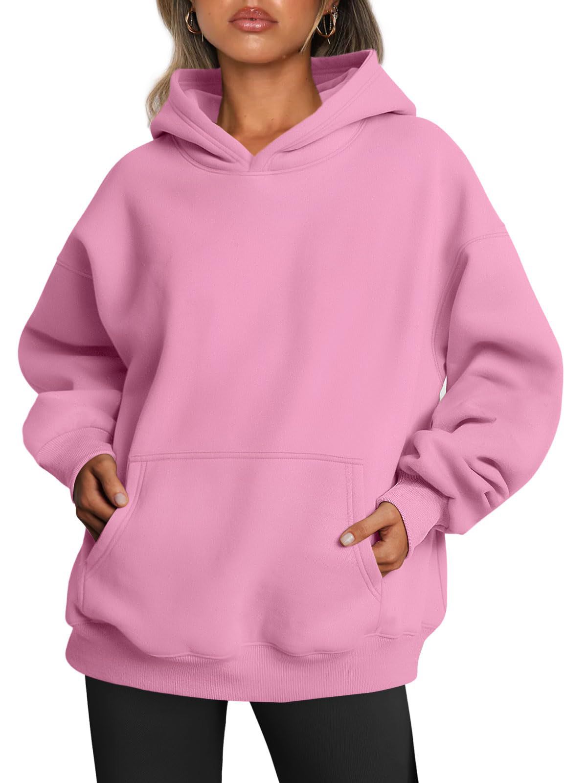 Woman in oversized fleece-lined hoodie