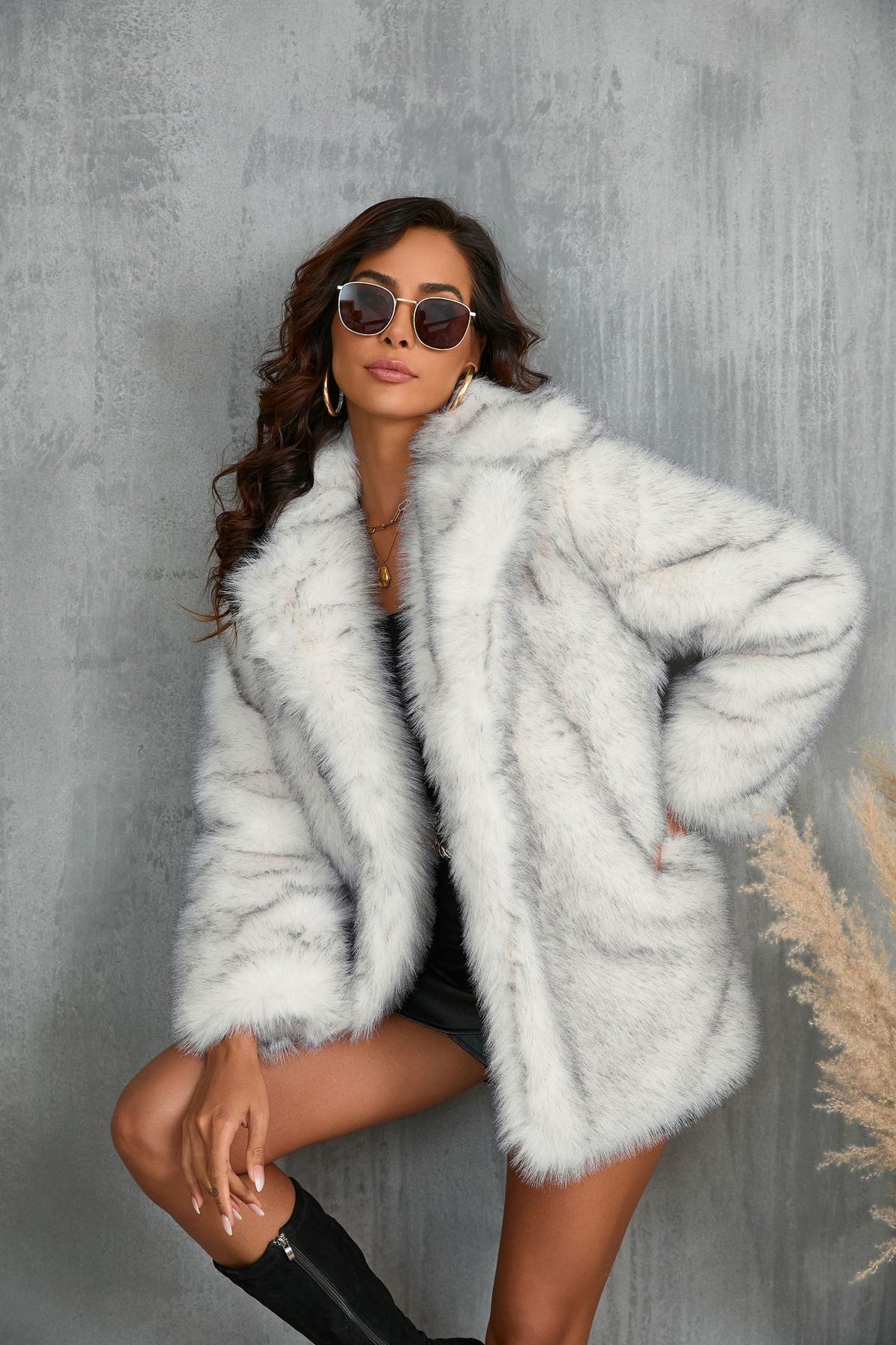 Woman in a long fluffy faux fur coat