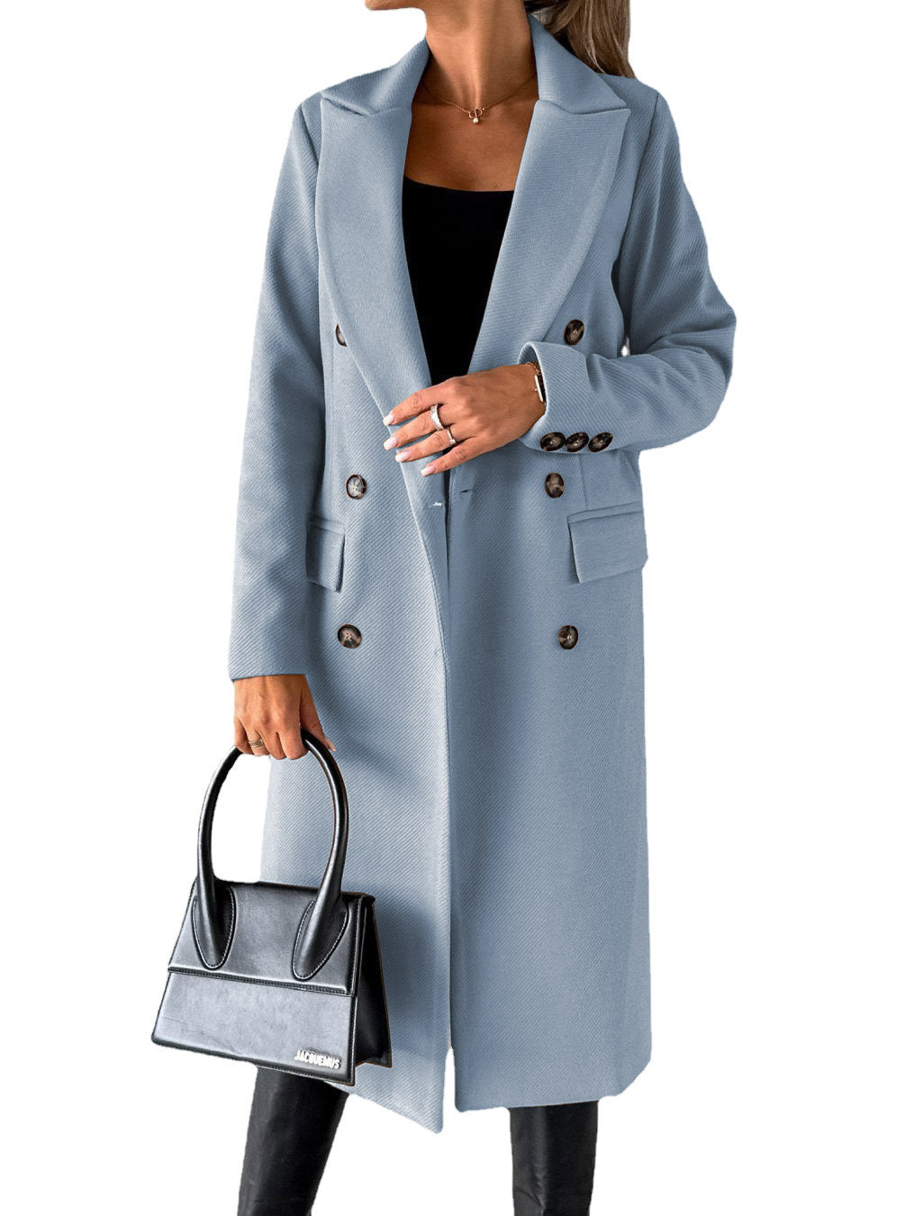 Woman in long double-breasted coat