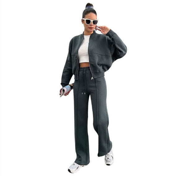 Woman in a zip jacket and wide-leg trousers set