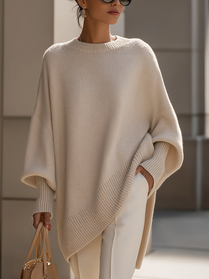 Women's Oversized Poncho Jumper with Ribbed Trim