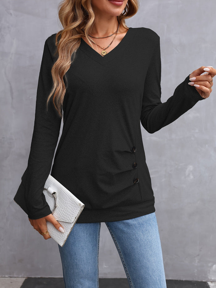 Women's V-Neck Long Sleeve Top with Side Button Detail