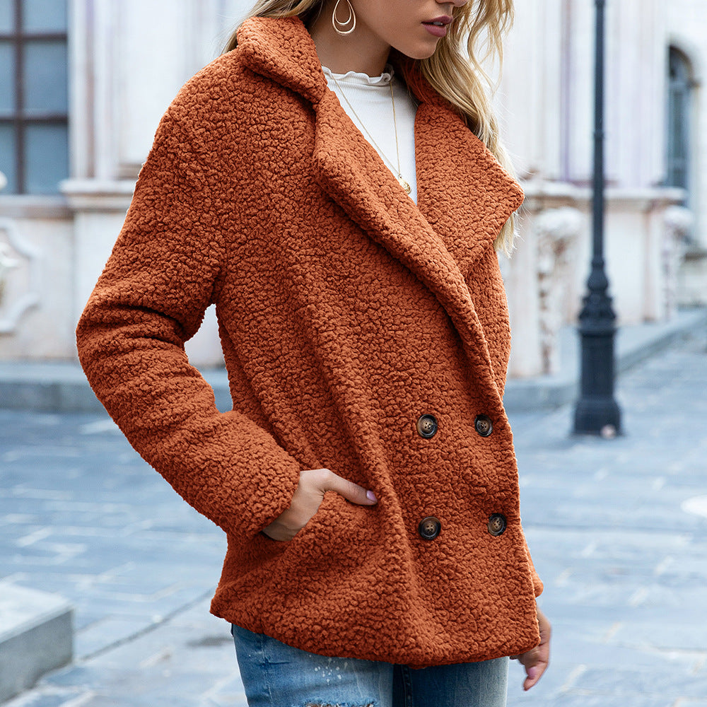 Woman in double-breasted teddy fleece coat
