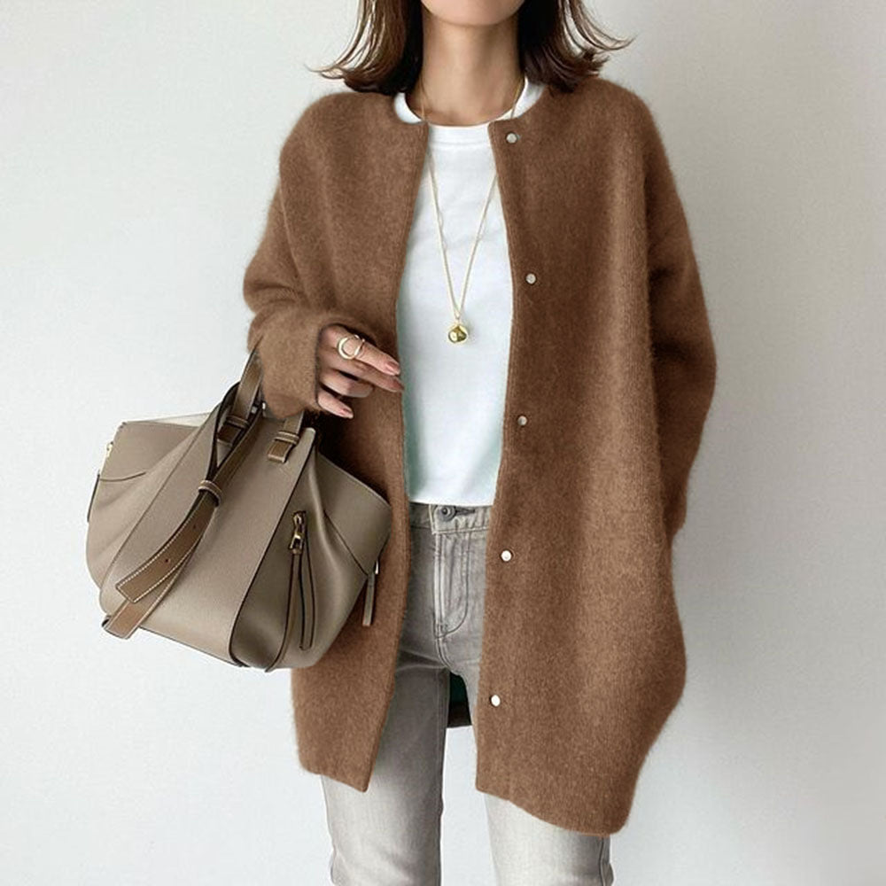 Woman in long fuzzy knit cardigan