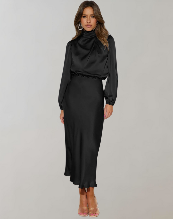 Women's High Neck Midi Dress with Long Sleeves