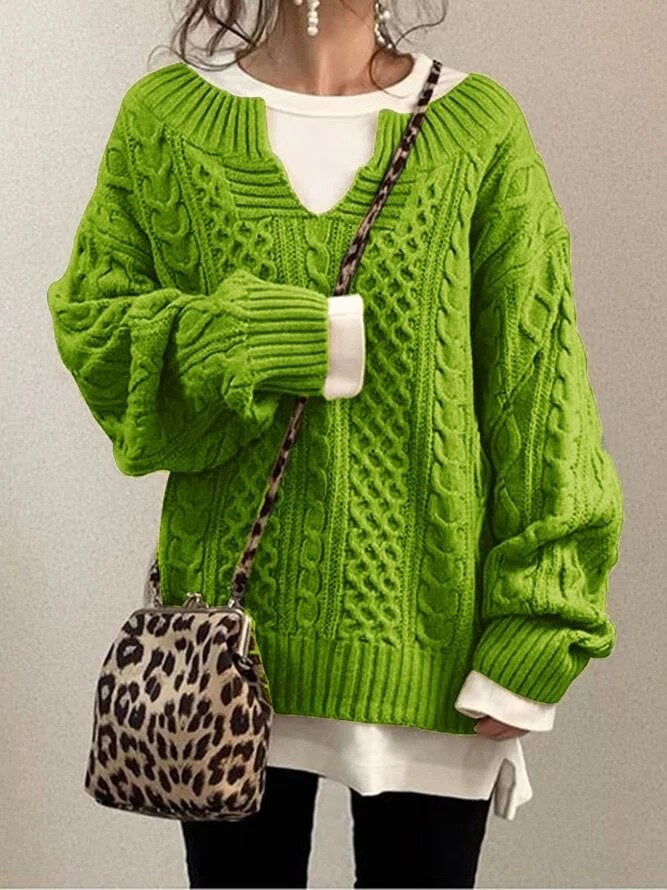 Women's Oversized Cable Knit Jumper V-Neck Long Sleeve