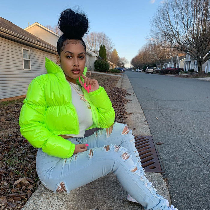 Evie | Glossy faux leather cropped puffer jacket