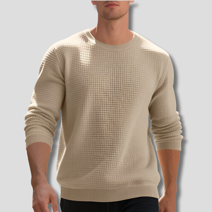 Men's Waffle-Knit Crew Neck Jumper with Ribbed Cuffs