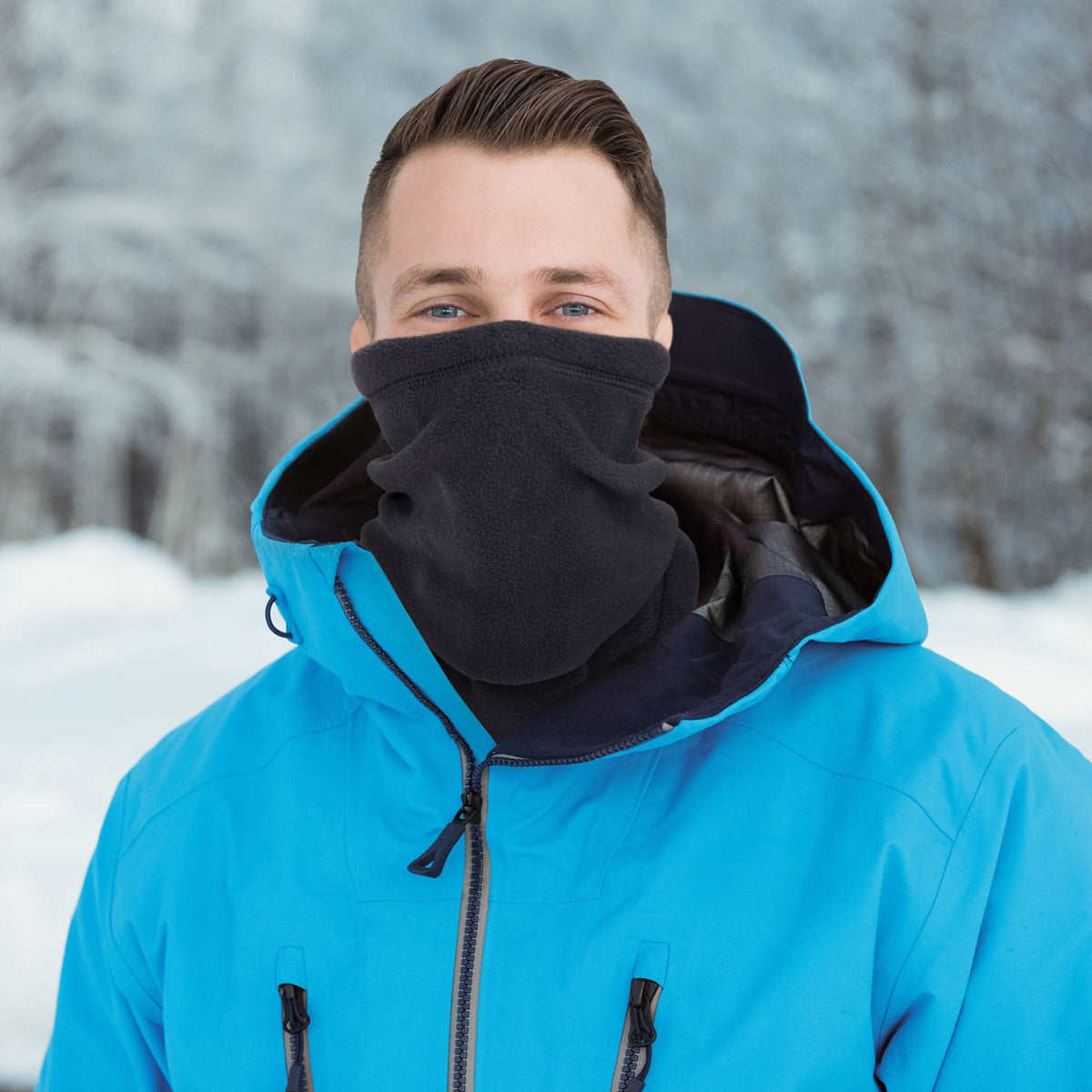 Black fleece neck warmer with toggle