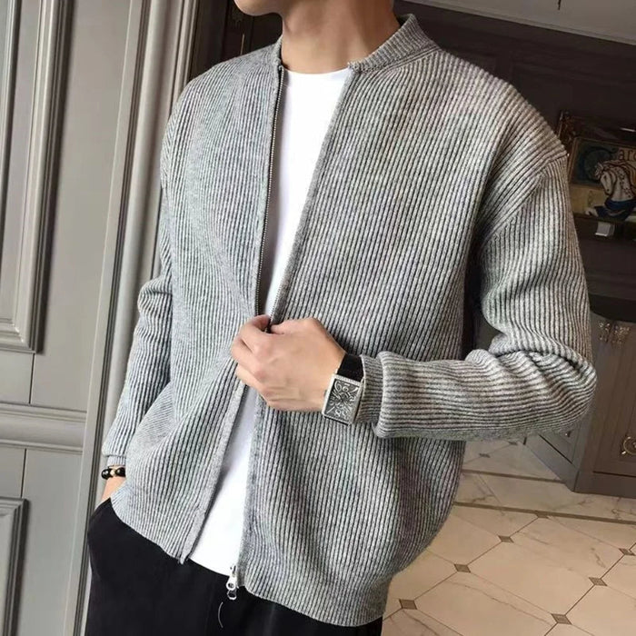 Men's Ribbed Zip-Up Cardigan with Loose Fit