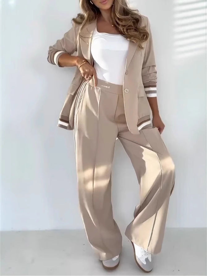 Evie | Two-piece trouser suit with stripe-trim blazer