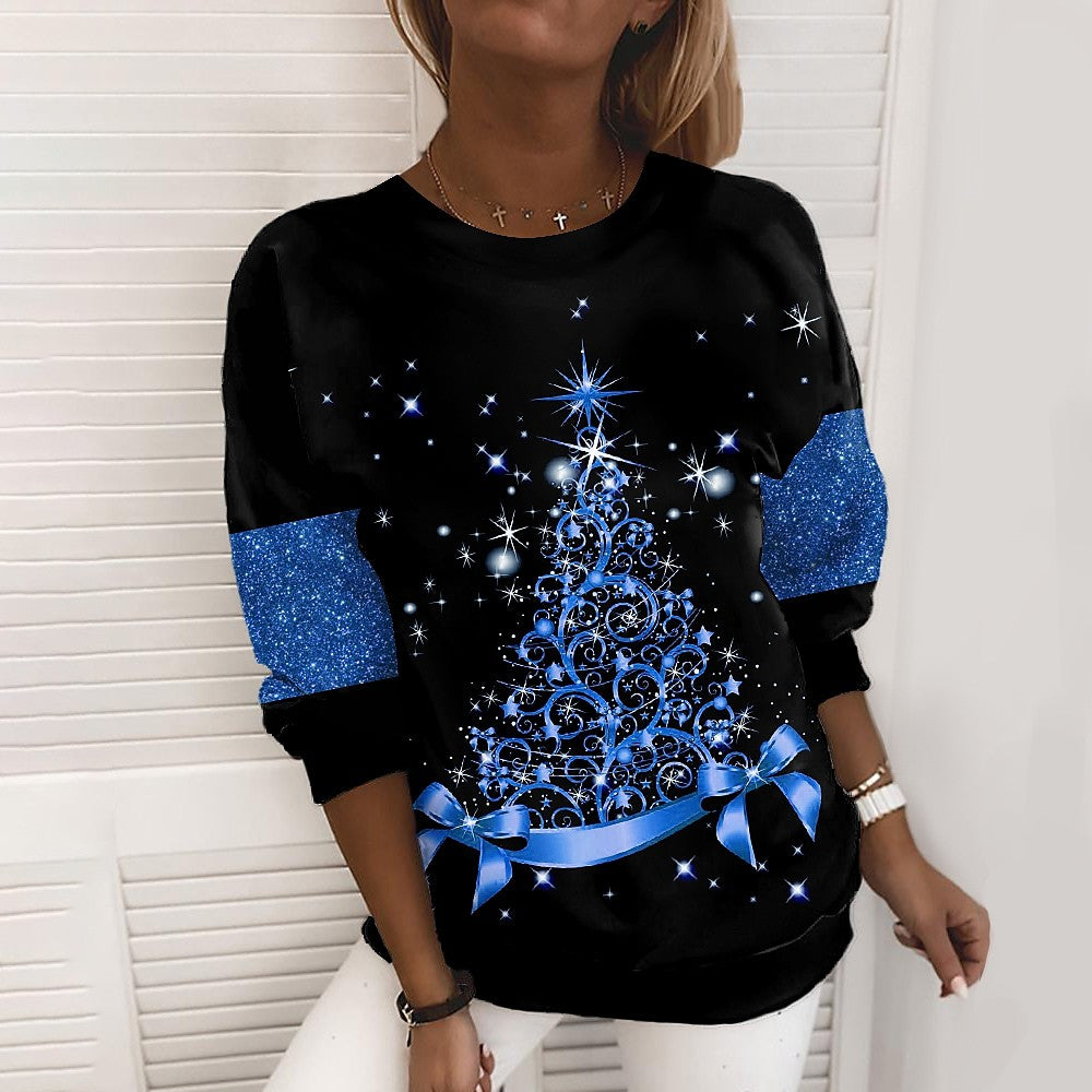 Woman in a glitter print Christmas sweatshirt