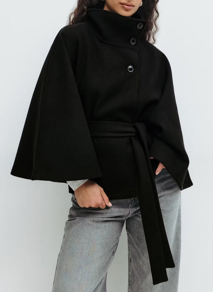 Imogen | Cape coat with high collar and tie belt