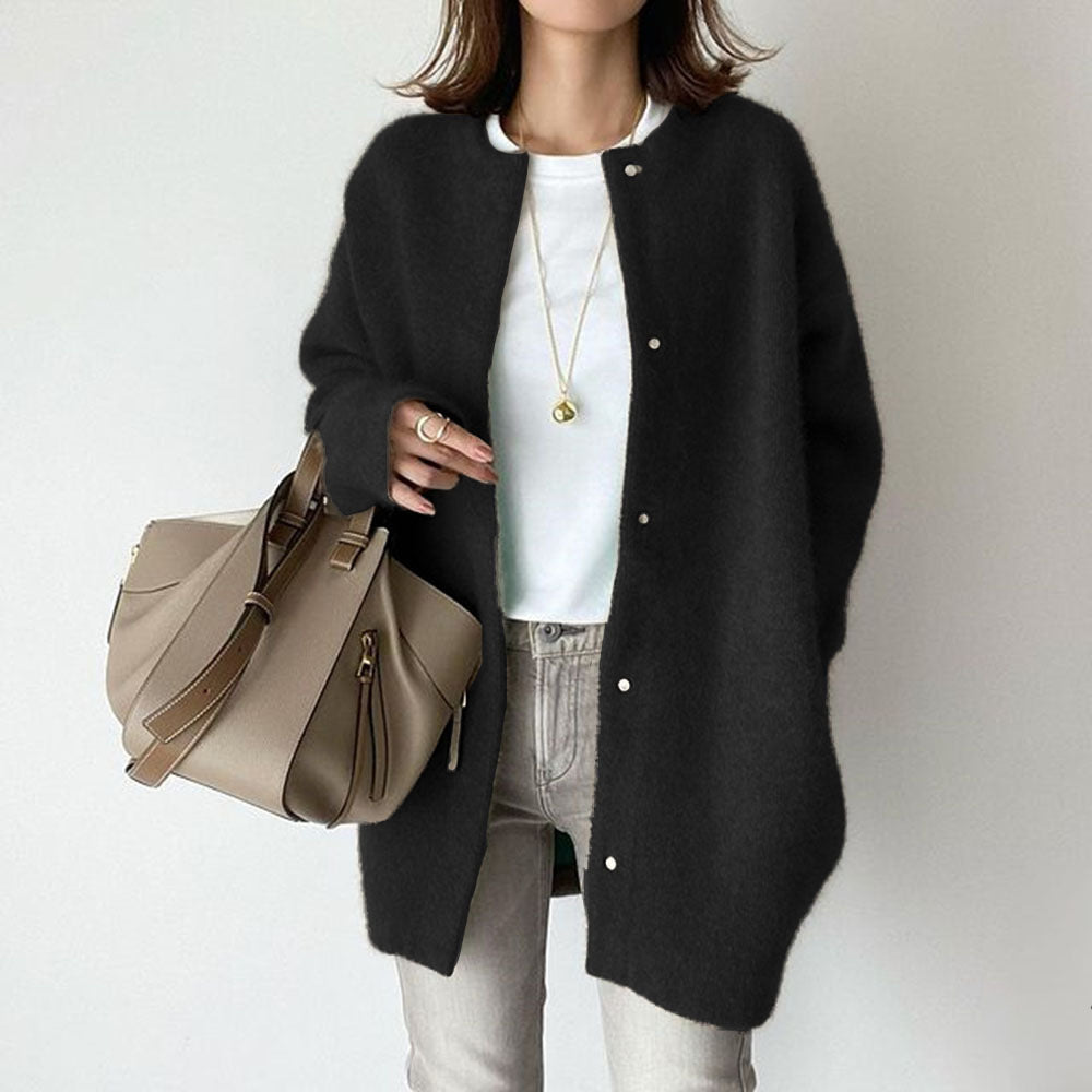 Woman in long fuzzy knit cardigan
