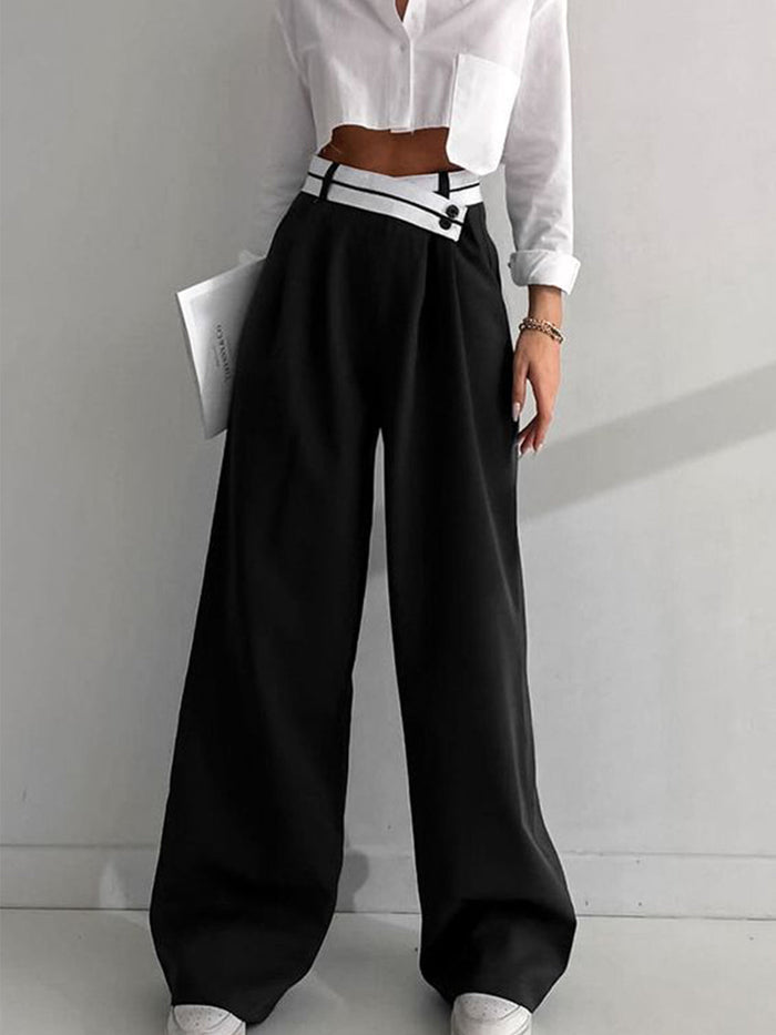 Women's Wide Leg Trousers with Contrast Waistband