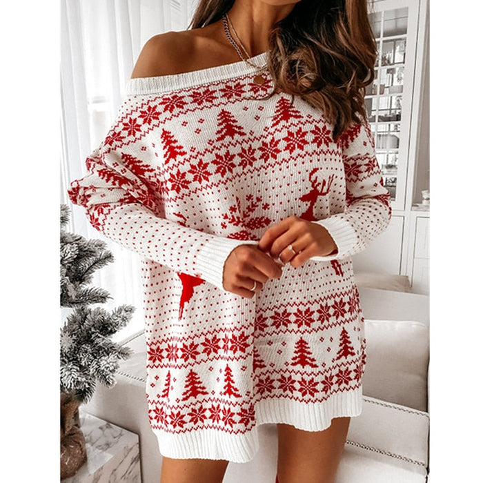 Women's Fair Isle Knit Jumper Dress Off-Shoulder