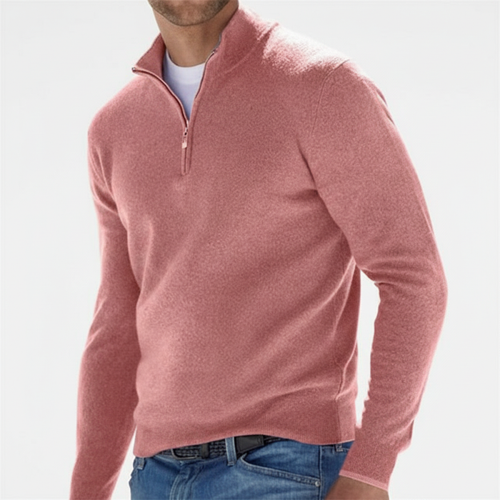 Men's Quarter-Zip Jumper with Ribbed Collar and Cuffs