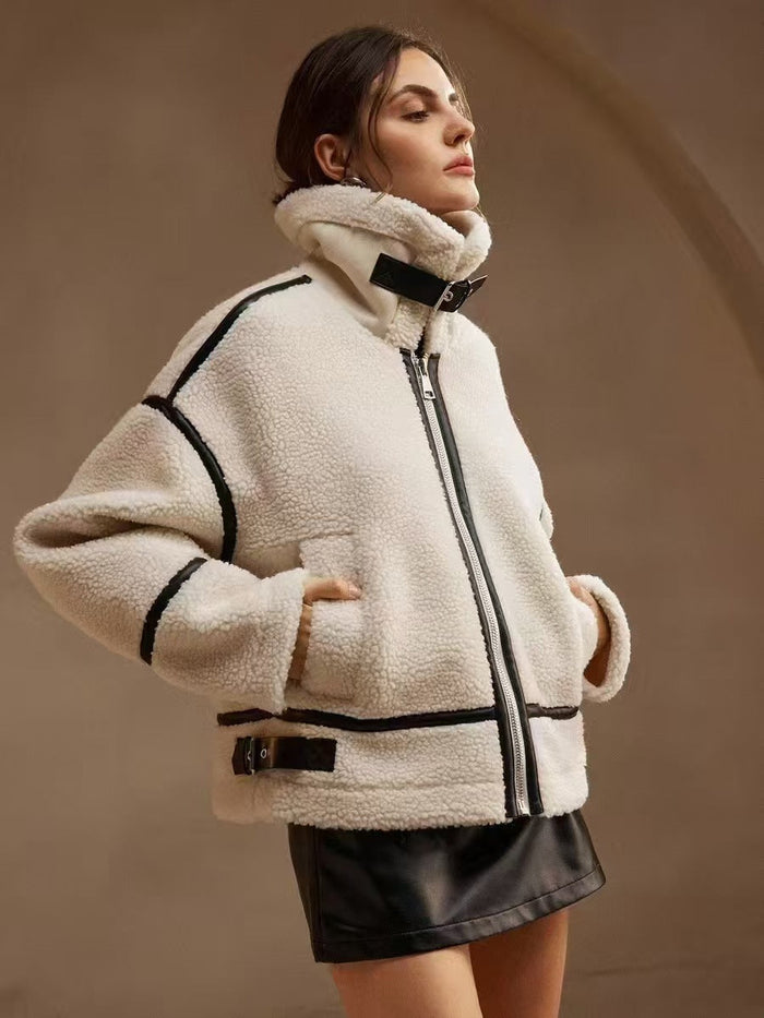 Women's Teddy Aviator Jacket with High Collar and Zip Front