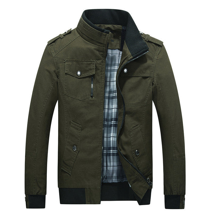 Men's Field Jacket Stand Collar Multi-Pocket Zip Front