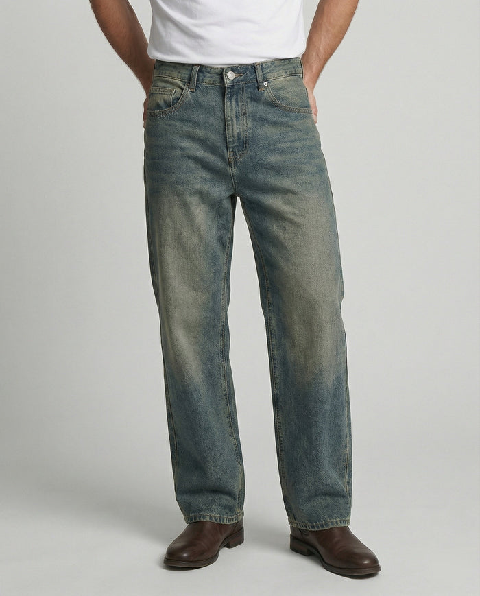Men's Straight Leg Jeans Retro Wash High-Rise Fit