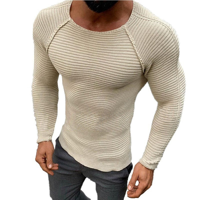 Men's Ribbed Long Sleeve Shirt Crew Neck Slim Fit