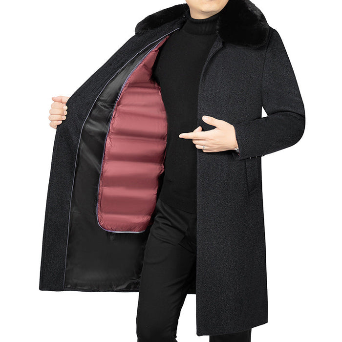 Men's Long Insulated Overcoat with Detachable Faux Fur Collar