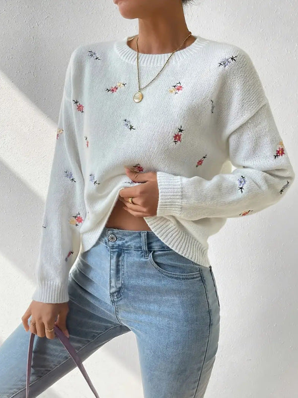 Women's Floral Embroidered Crew Neck Jumper Relaxed Fit