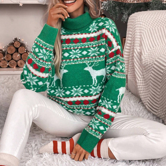 Women's Turtleneck Christmas Jumper Reindeer Fair Isle