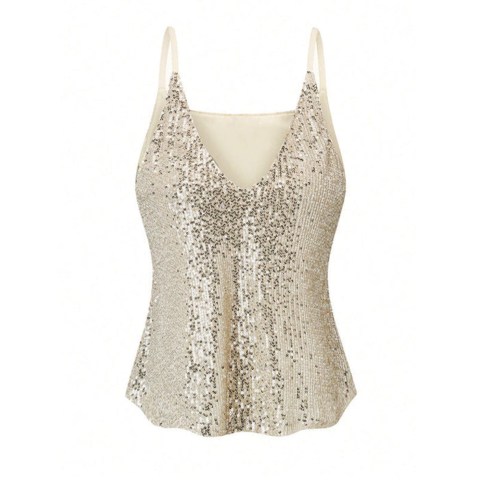 Women's Sequin Cami Top with V-Neck and Thin Straps