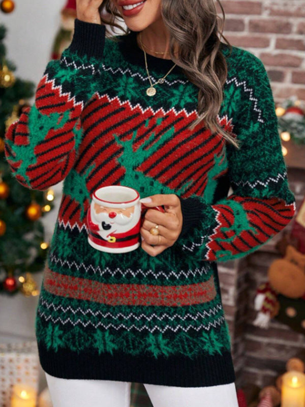 Women's Festive Intarsia Knit Jumper with Mock Neck