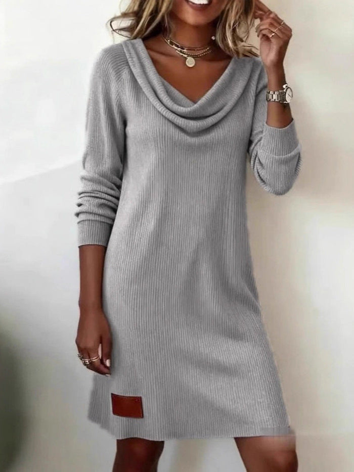 Women's Ribbed Cowl Neck Mini Jumper Dress with Patch Detail