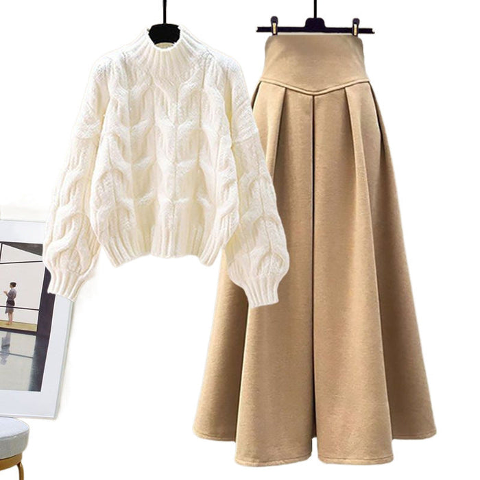 Women's Cable-Knit Jumper with Pleated Skirt Two-Piece Set