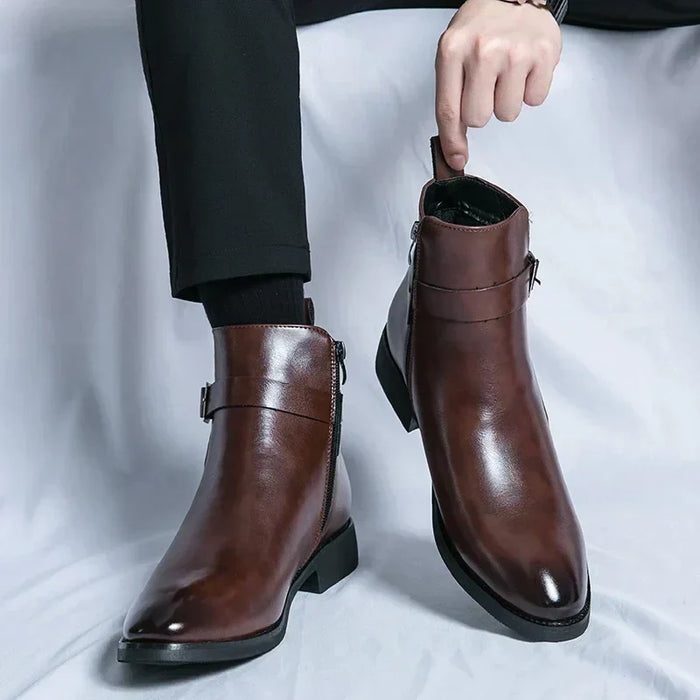 Men's Brown Chelsea Ankle Boots Buckle Detail Side Zip