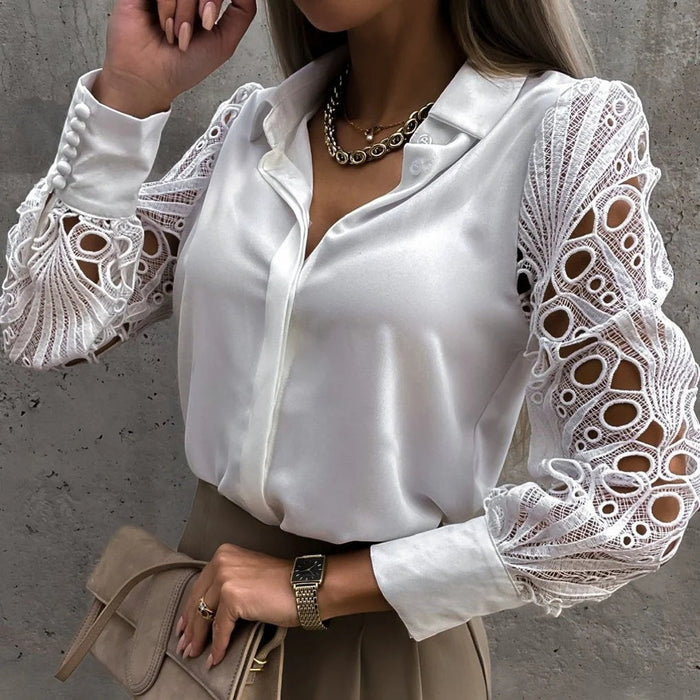 Women's Lace Sleeve Button-Front Blouse with Collar