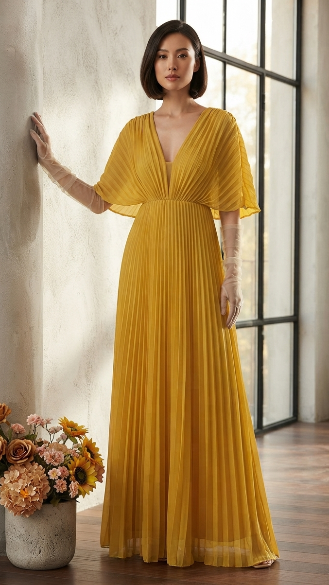 Women's Pleated V-Neck Maxi Dress with Long Sleeves