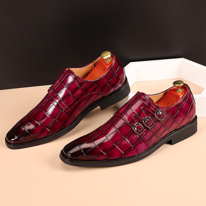 Men's Crocodile Embossed Monk Strap Shoes Burgundy