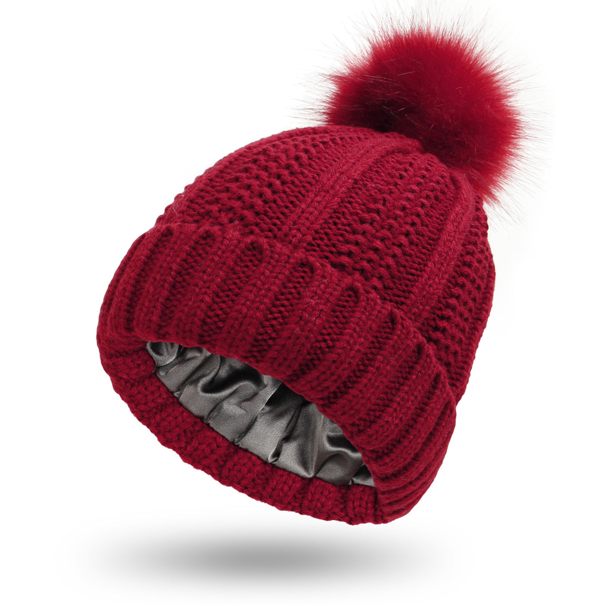 Chunky knit beanie with faux fur pom pom