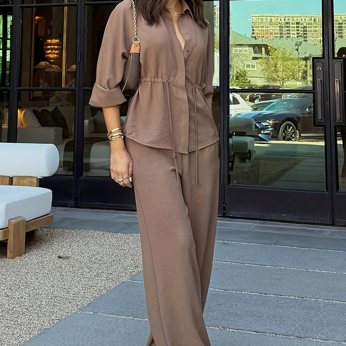 Women's Relaxed Wide-Leg Co-Ord Set Button Front Top