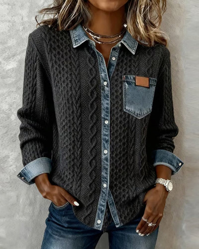 Sophie | Damen Langarm-Bluse Zopfmuster Denim-Patchwork Knopfleiste