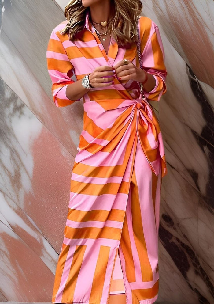Women's Striped Wrap Midi Dress with Long Sleeves