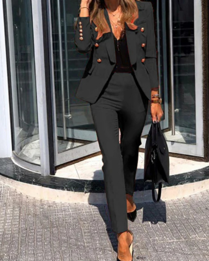 Women's Double-Breasted Blazer Suit with Slim Trousers