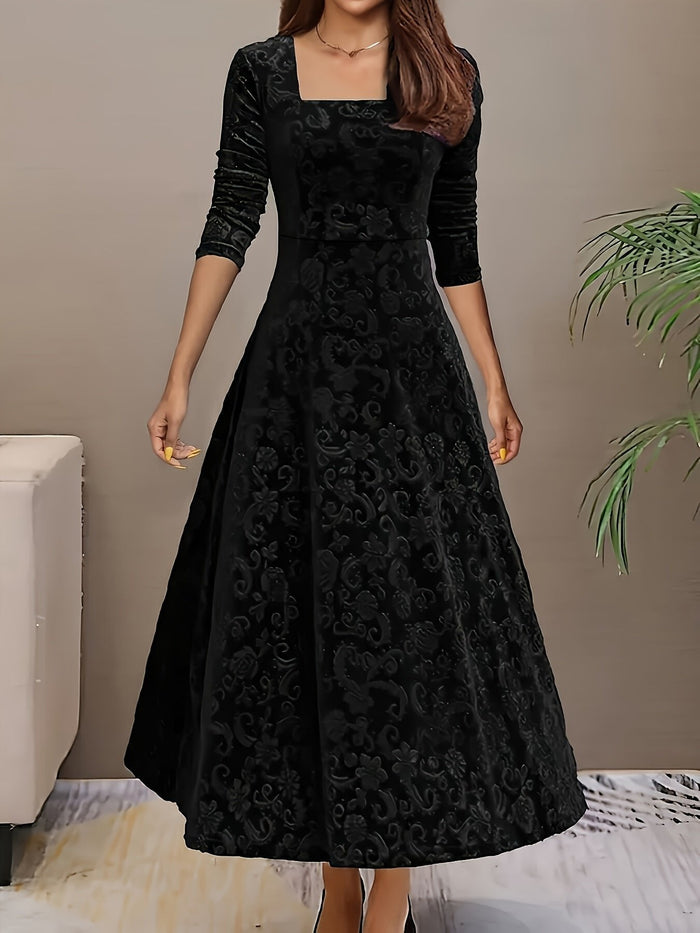 Women's Embossed A-Line Midi Dress with Square Neckline