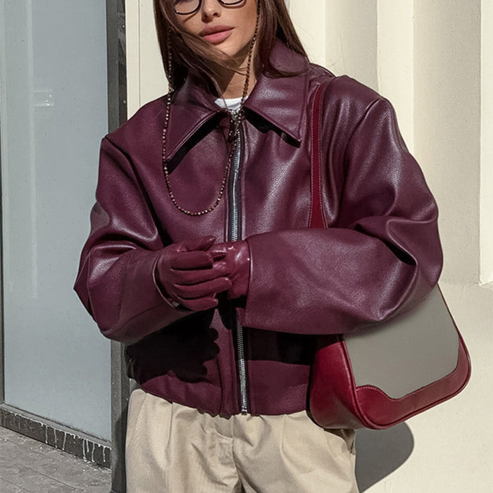 Evie | Cropped faux leather jacket with lapel collar