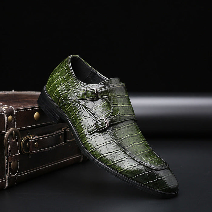 Men's Double Monk Strap Shoes Crocodile Embossed Leather